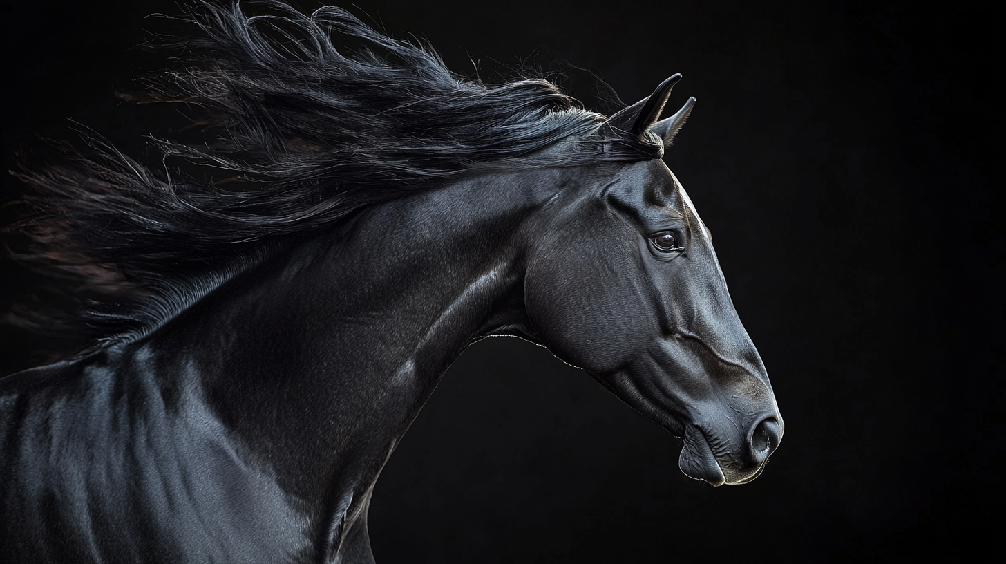 Black horse flying right, wind-blown mane, epic hyperrealistic