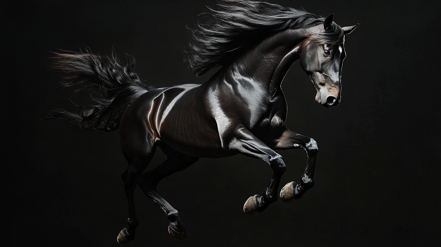 Black horse flying right with long mane on black background