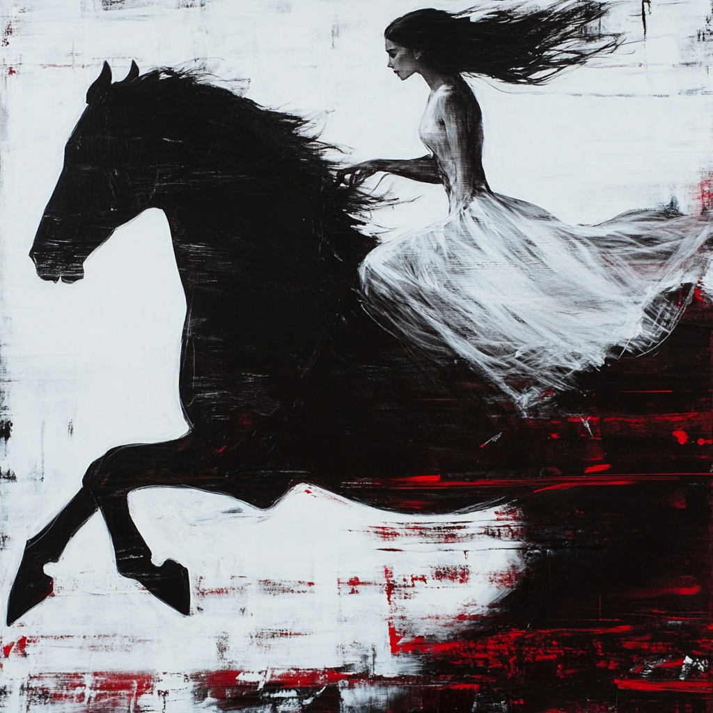 Black horse galloping, pale woman running, classic oil painting.