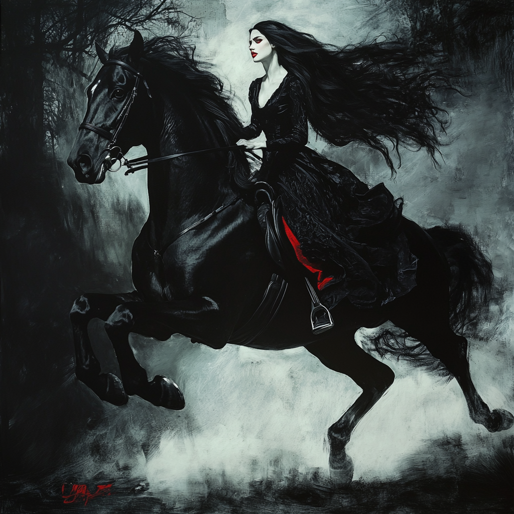 Black horse gallops beside pale woman, mental strength symbolism.