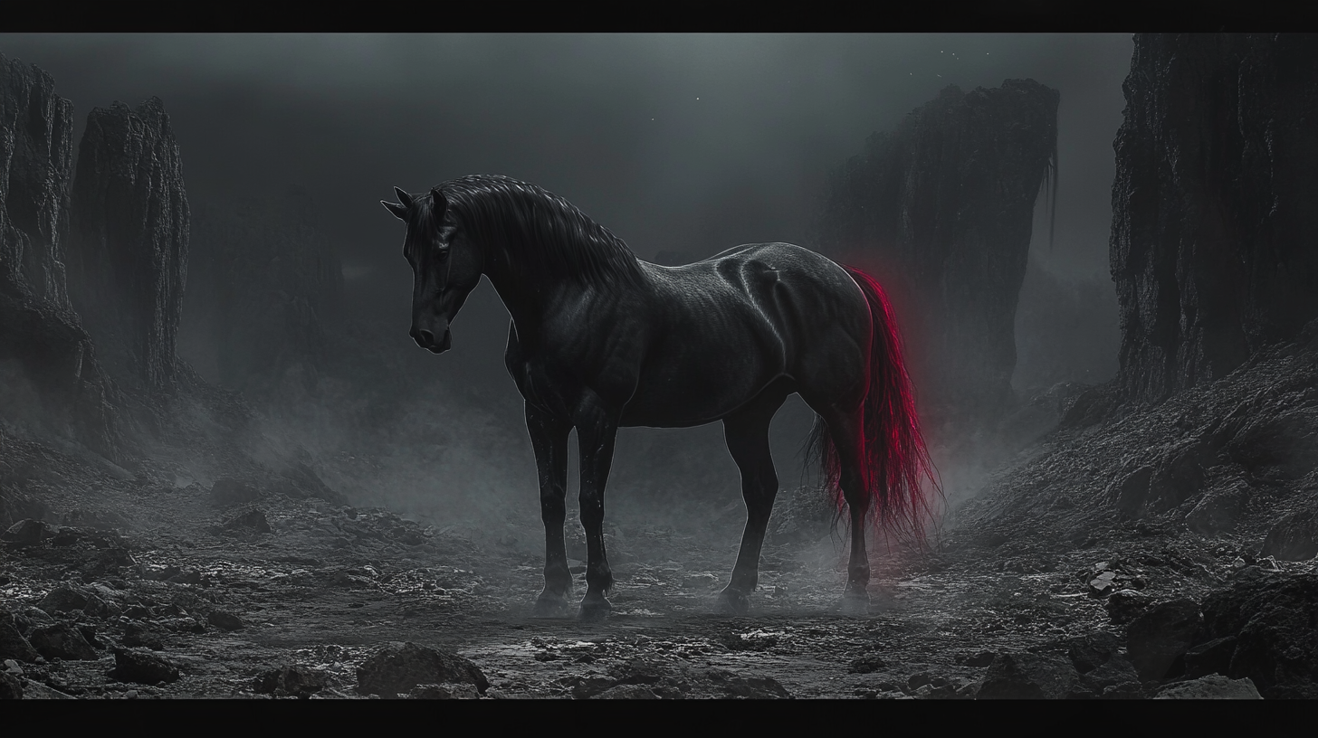 Black horse in a dark, mystical valley.