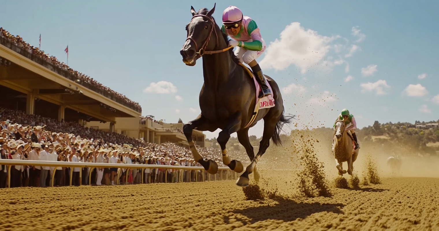 Black horse wins race with colorful mane flowing.