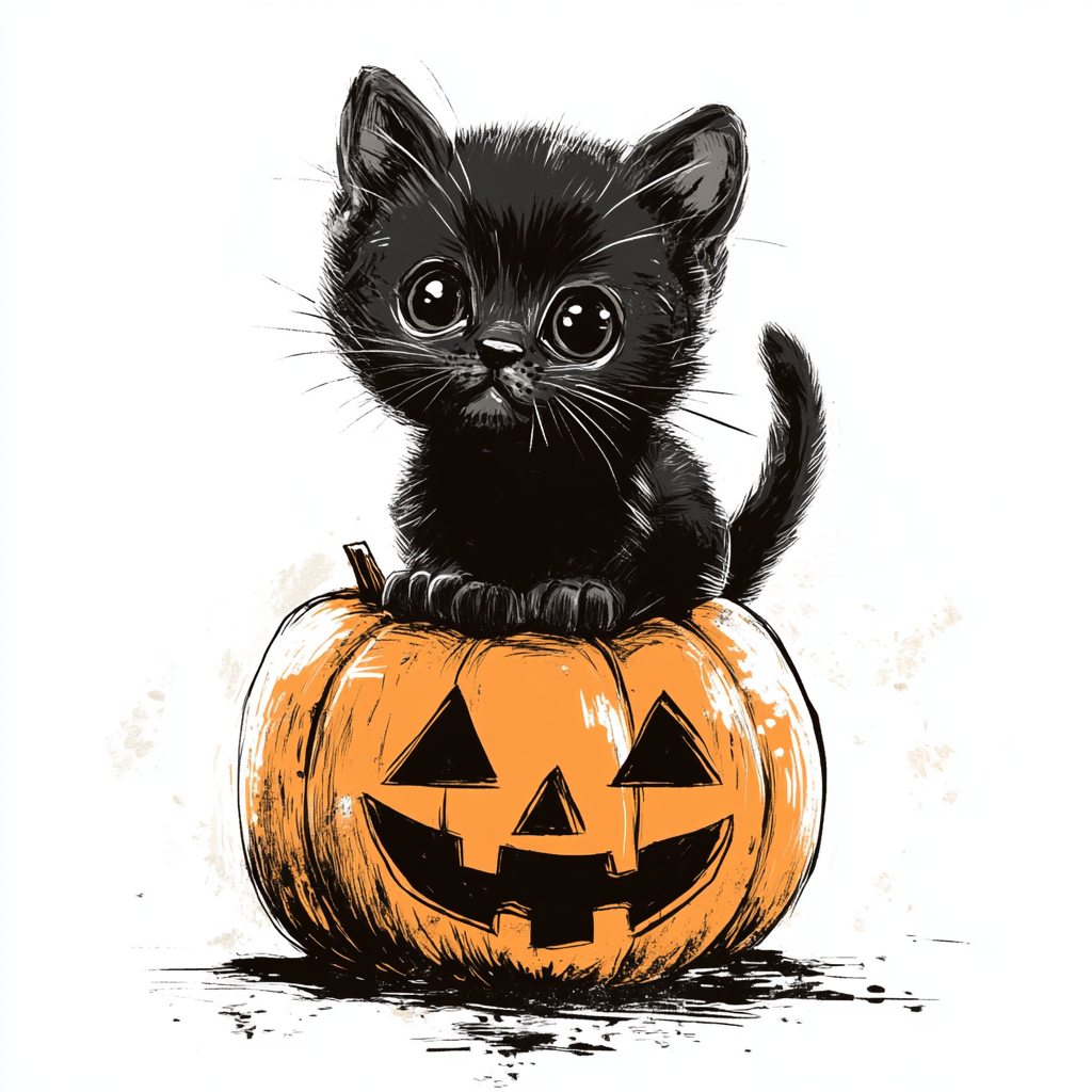 Black kitten inside jack-o-lantern on white background cartoon.