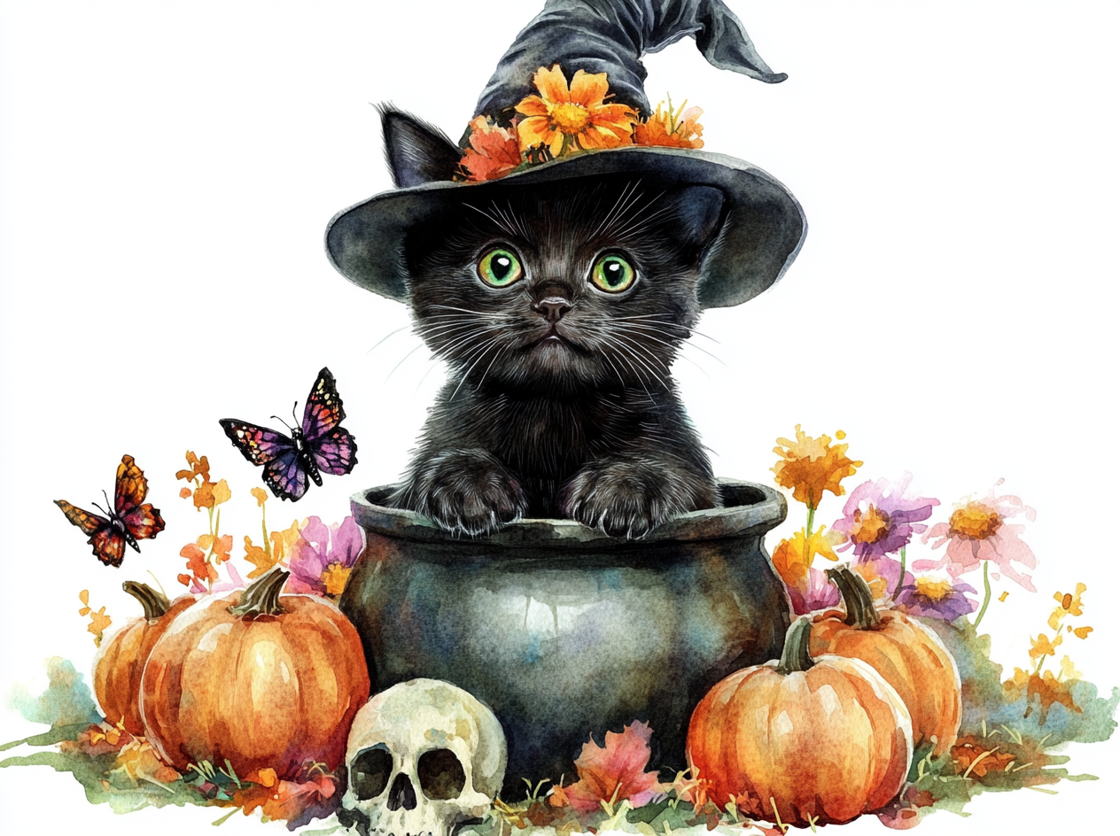 Black kitten witch hat cauldron pumpkins skulls flowers butterflies.