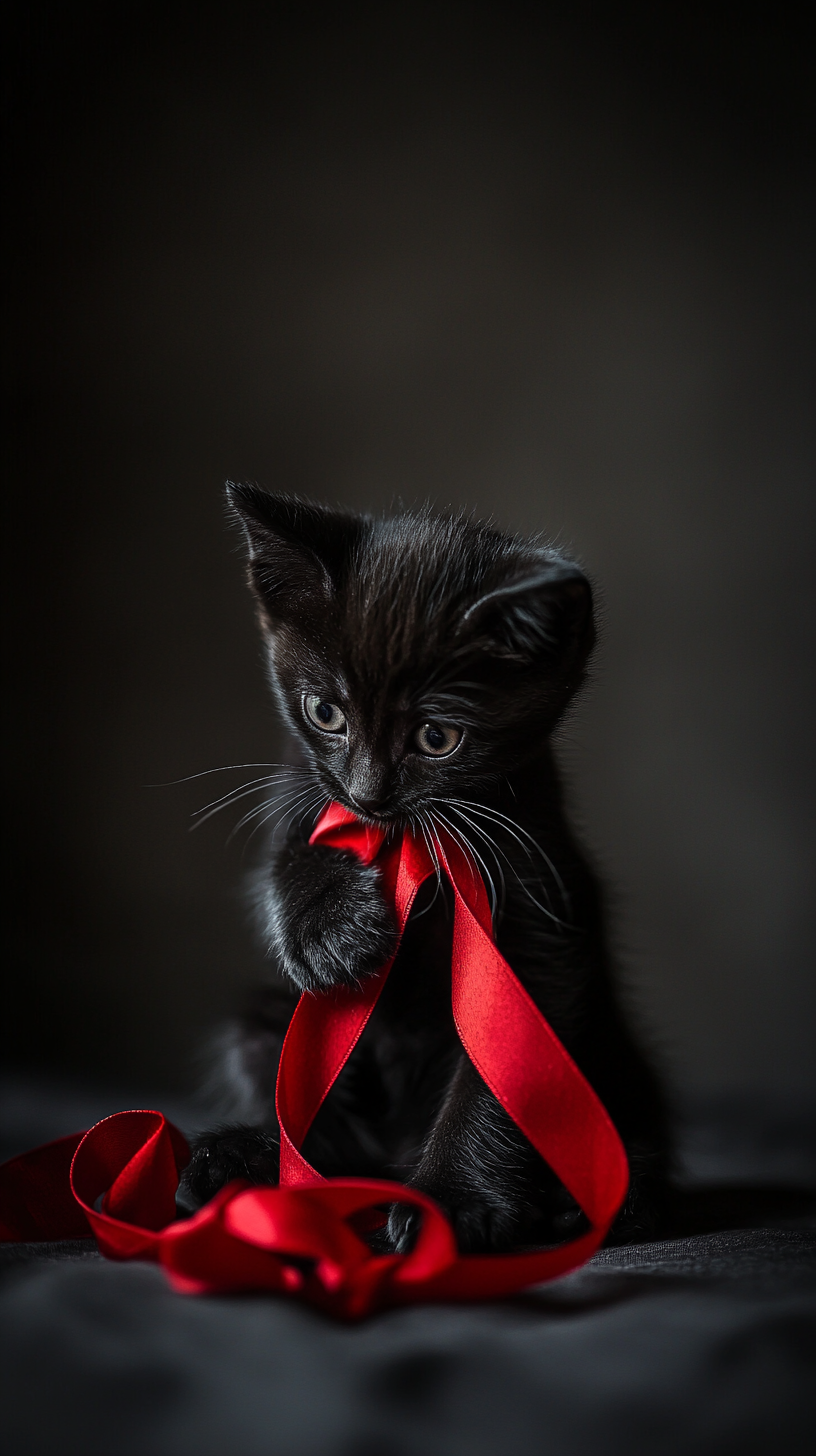 Black kittens playing with red ribbon in shadows