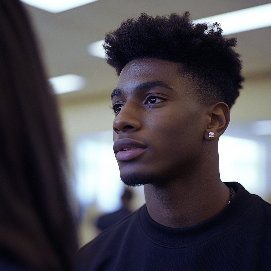 Black male freshman in polo shirt talking to professor.