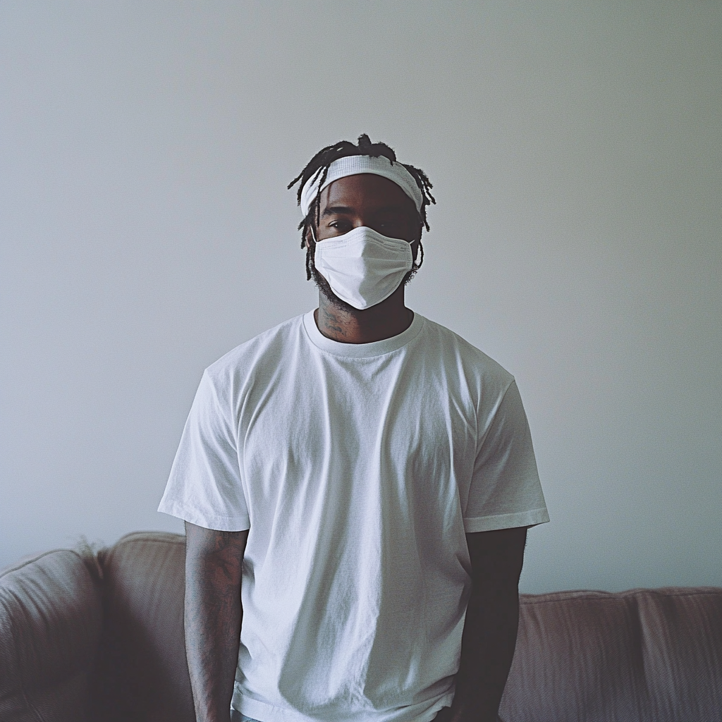 Black man in white tshirt standing front of sofa.