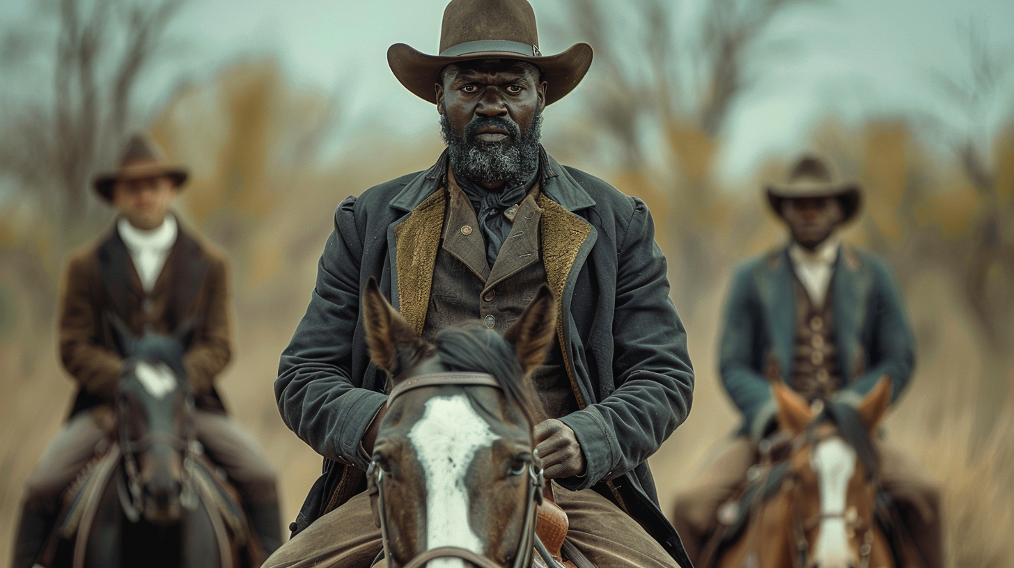 Black man leading two white men on horses.