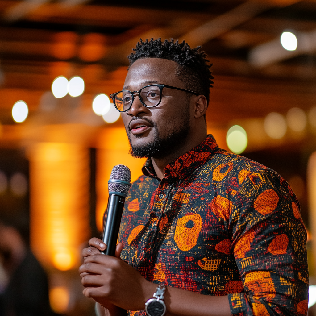 Black man speaks with microphone at event, detailed backdrop.