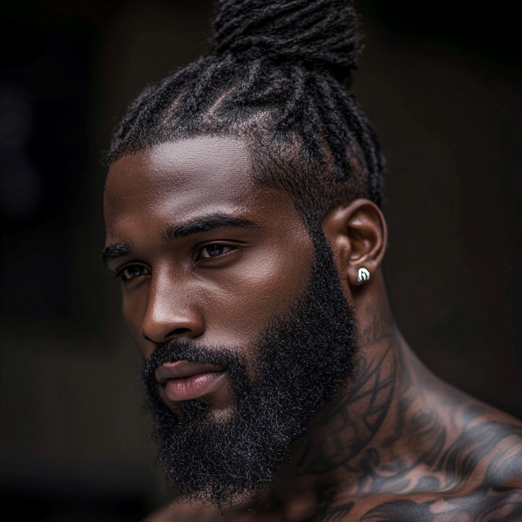 Black man with beard, man-bun and tattoos