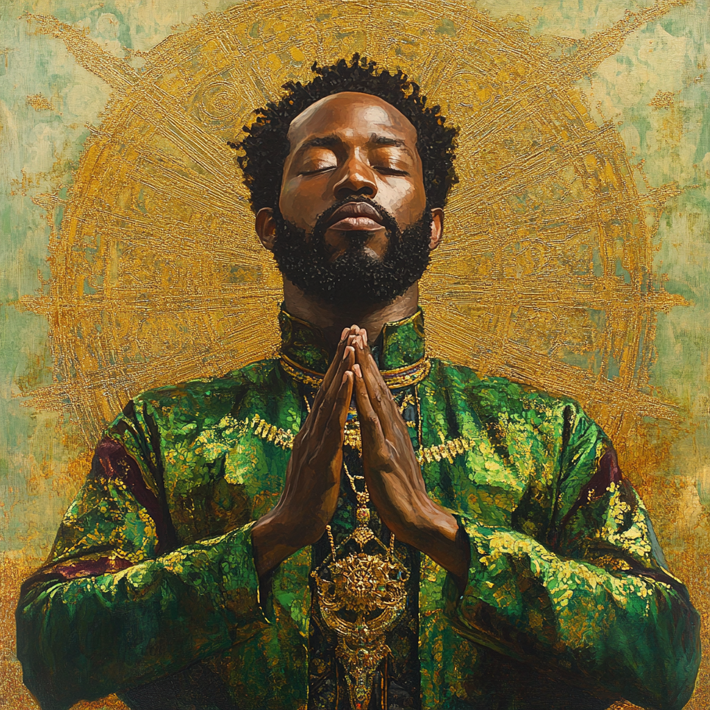 Black man with beard, praying in royal attire.