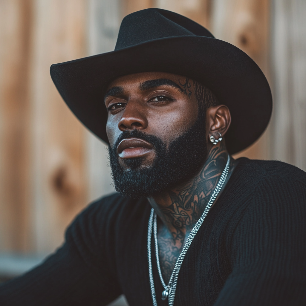 Black man with dark skin and beard, tattoos shown.