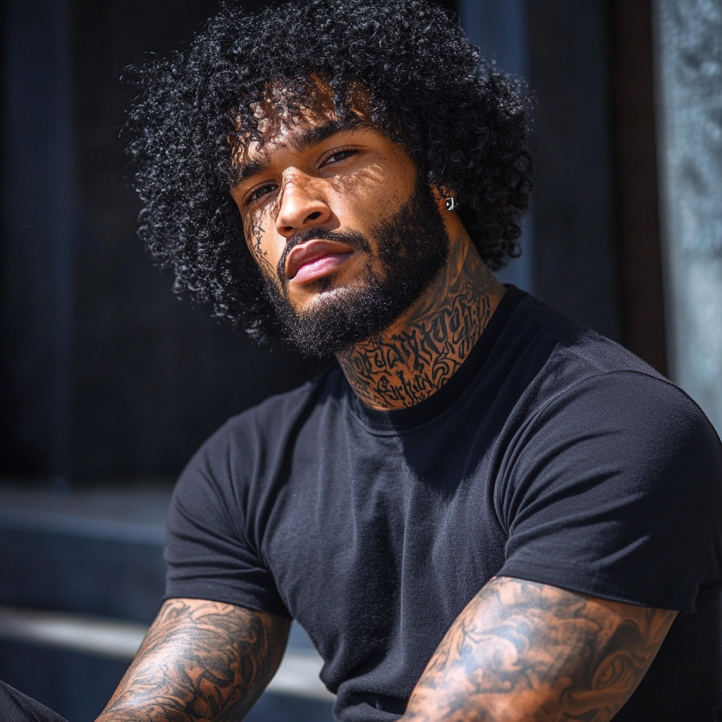 Black man with detailed neck tattoos outdoors