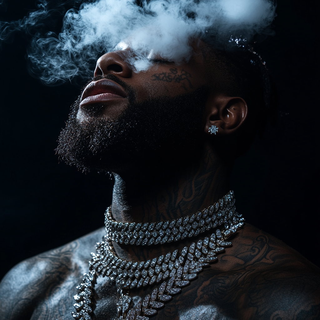 Black man with diamond chains and intricate tattoos, smoke removed