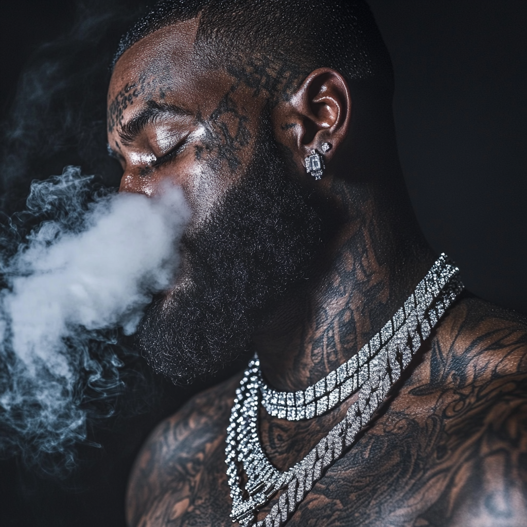 Black man with diamond chains exhales smoke, dramatic lighting.