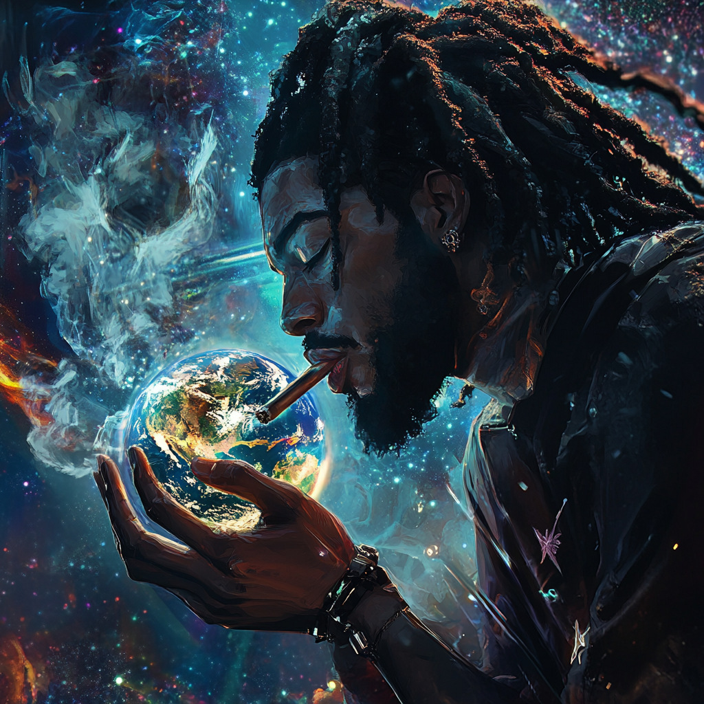 Black man with dreads smoking cannabis, anime art style