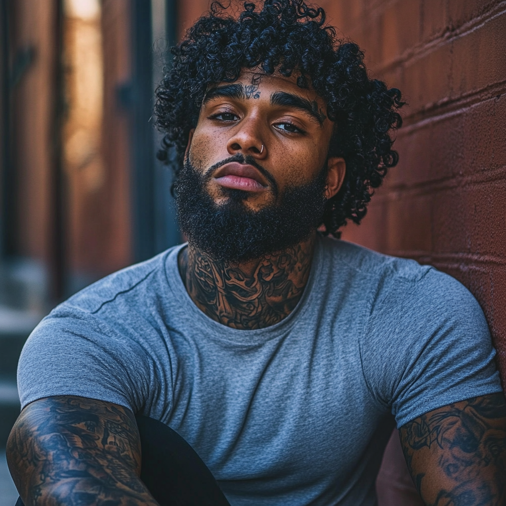 Black man with rich dark skin, detailed neck tattoos.