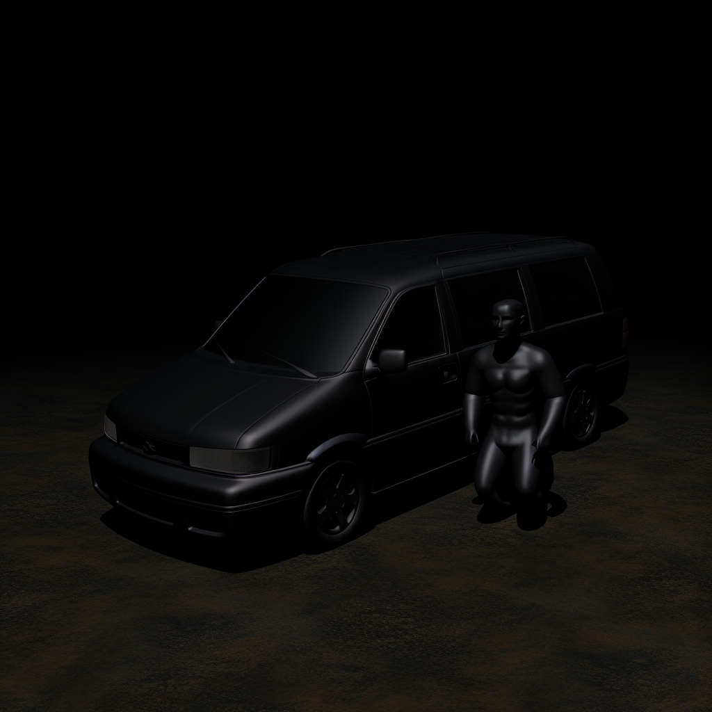 Black minivan, glitchy game screenshot, solid matte background.