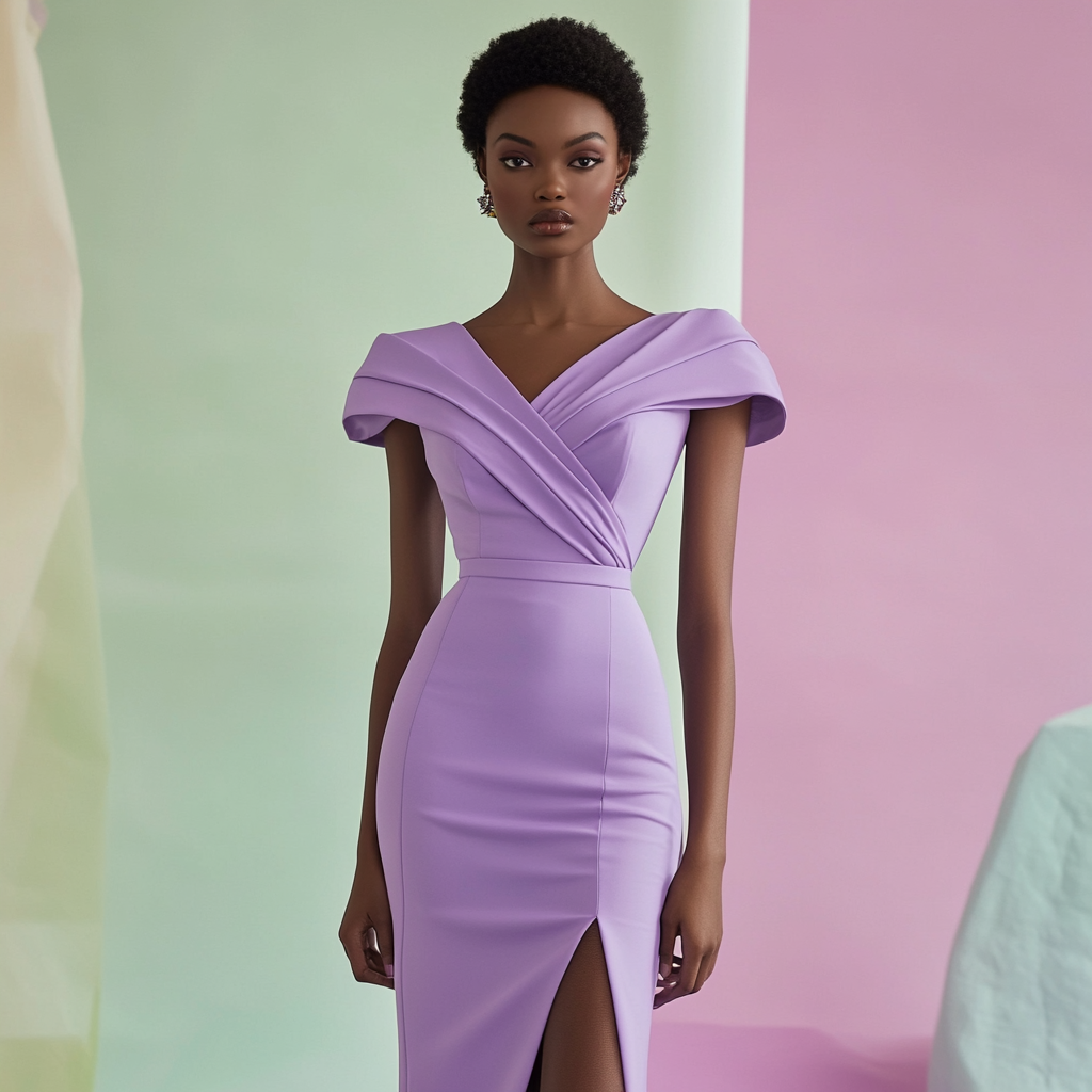 Black model in lilac calf length dress, criss cross.