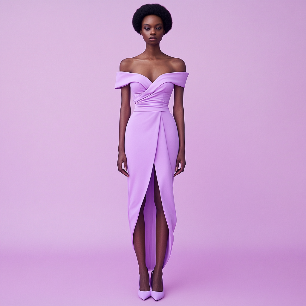 Black model in lilac dress with cross straps.