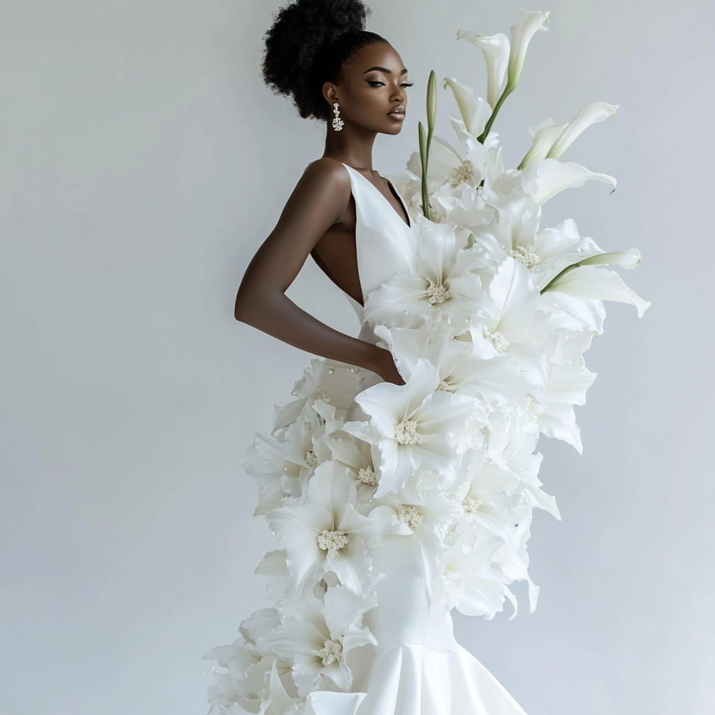 Black model in satin mermaid wedding dress, lily bodice.