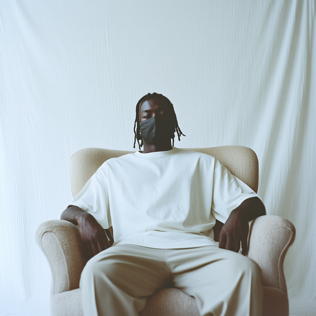 Black model in white oversized t-shirt, sitting on sofa.