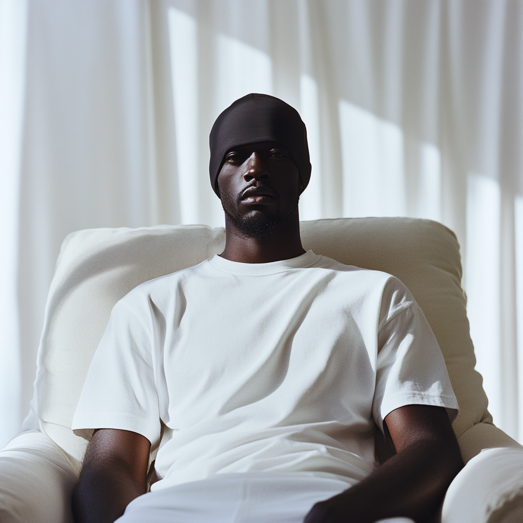 Black model in white t-shirt and robbery mask sitting.