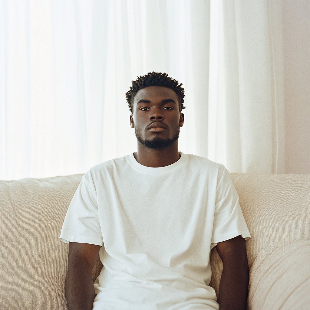 Black model man in white oversized tshirt, standing by sofa.