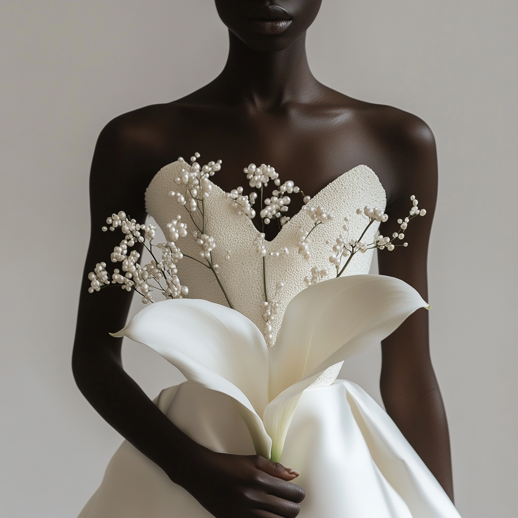 Black model wearing white lily wedding dress on satin.