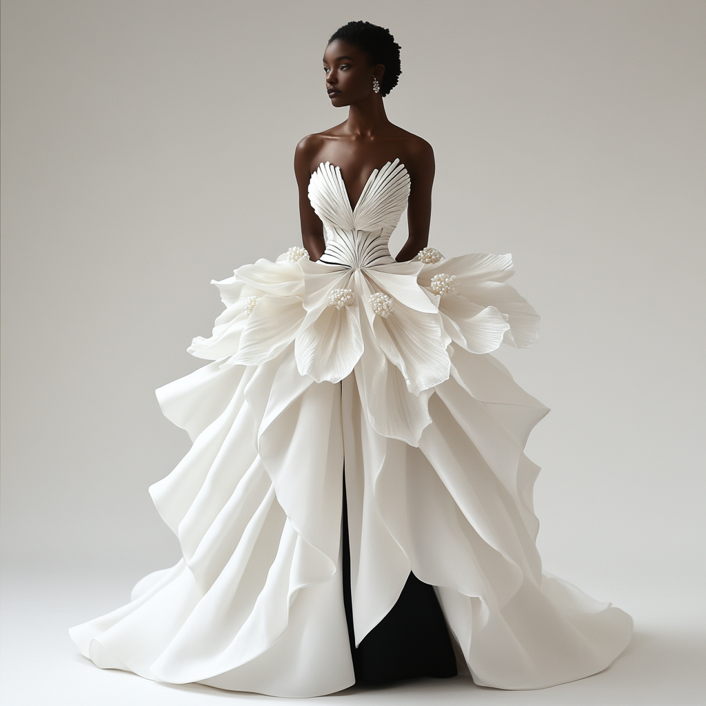 Black model wears minimalist satin ballgown with lily-shaped bodice.