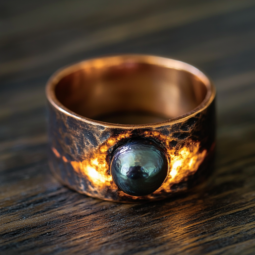 Black pearl on copper ring with intense bursting flame.