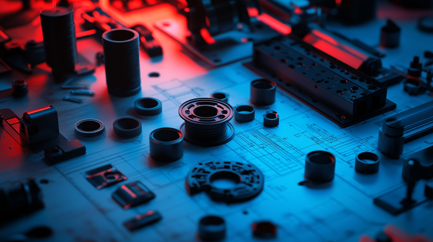 Black plastic parts on table with blueprint