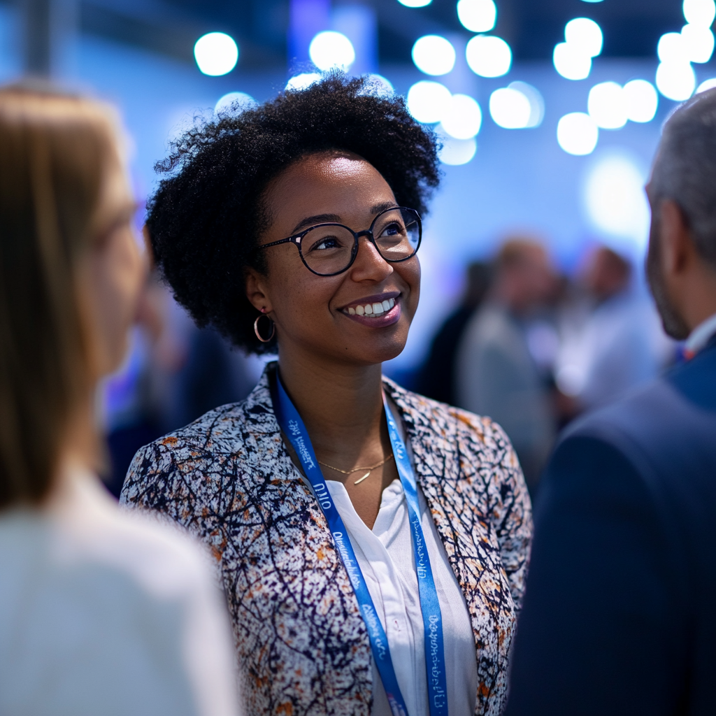 Black queer woman smiling, networking at innovation event.