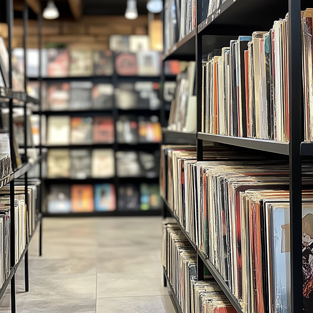 Black record covers on extended store rack from front