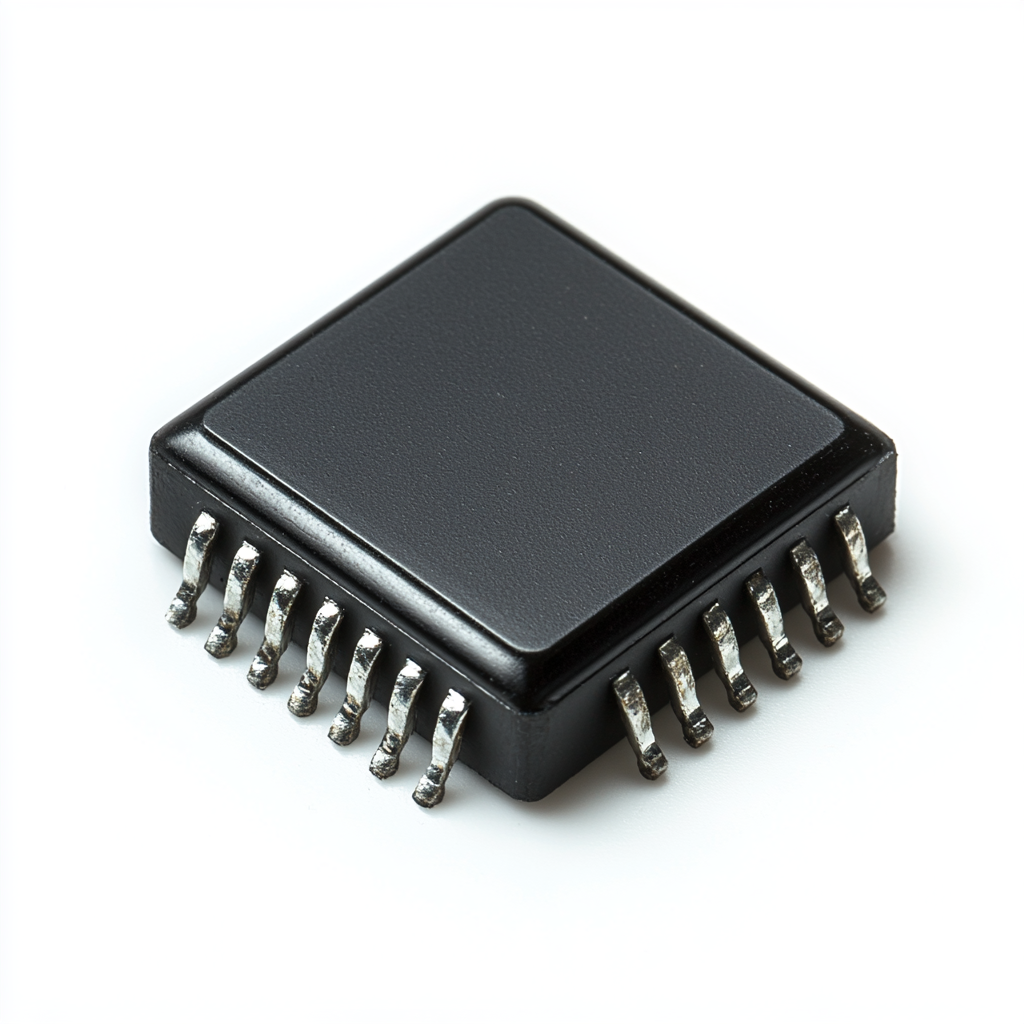 Black rectangular semiconductor component with three curved metal leads.