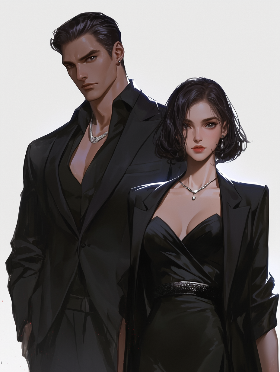 Black short hair couple, gangster style, comic full-body anime.