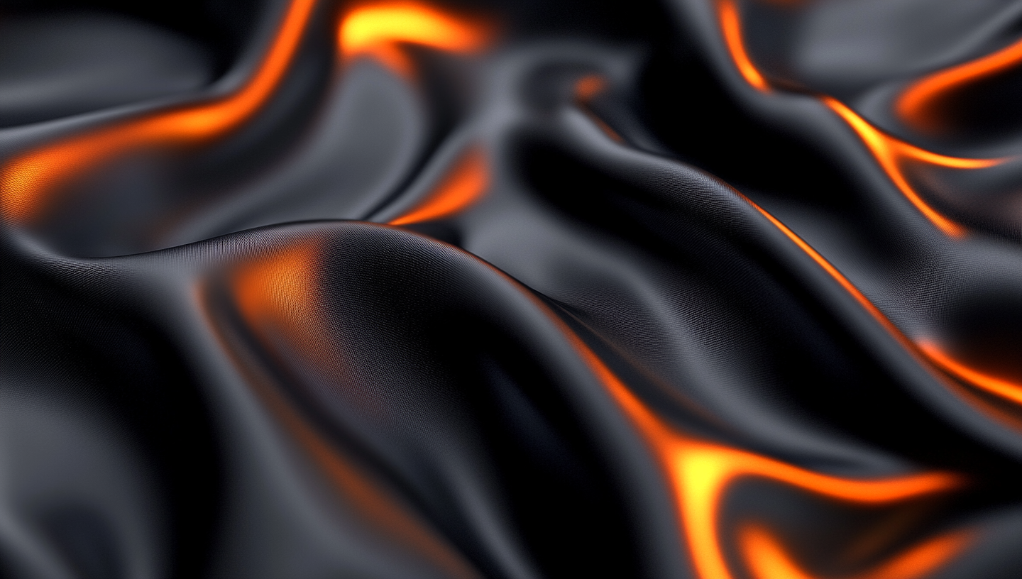 Black silk with orange light reflections, flowing waves, abstract fluid texture.