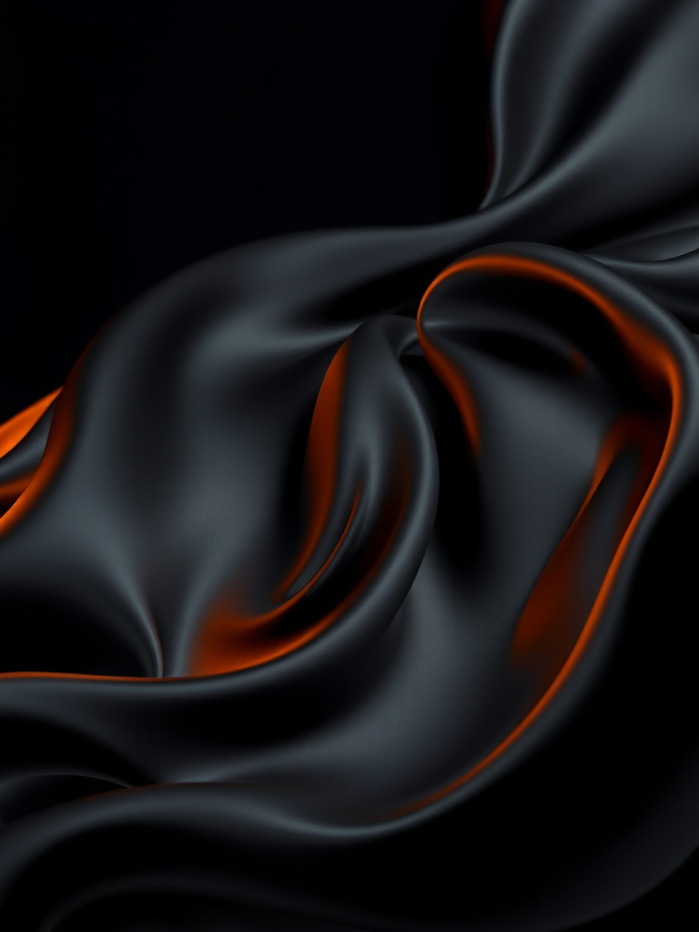 Black silk with orange reflections, flowing waves, abstract 3D.