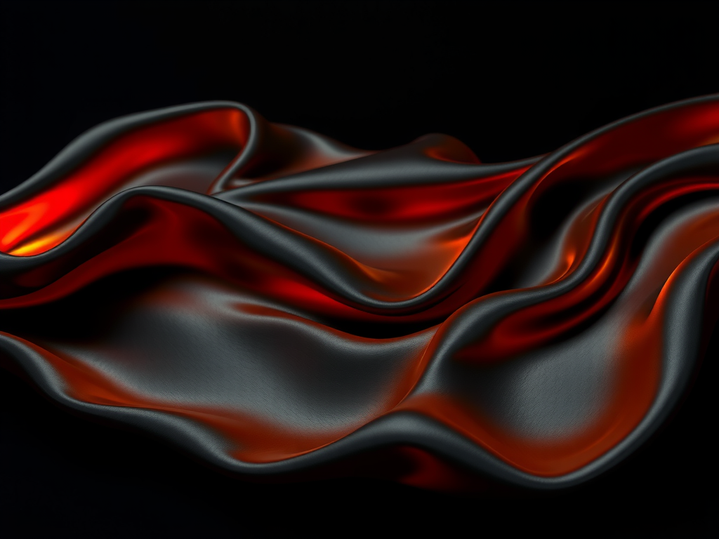 Black silk with orange reflections, flowing waves, dark background.