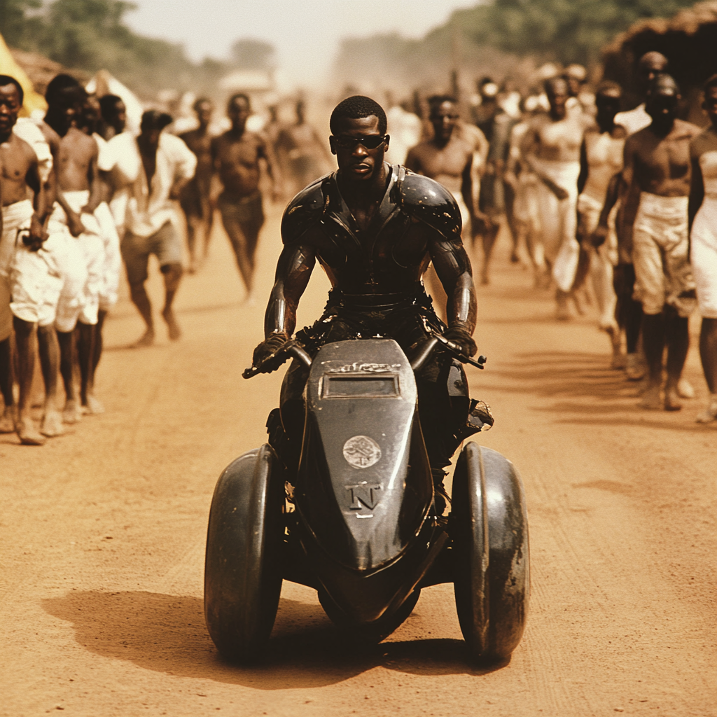 Black soldier on hover bike with colonial people