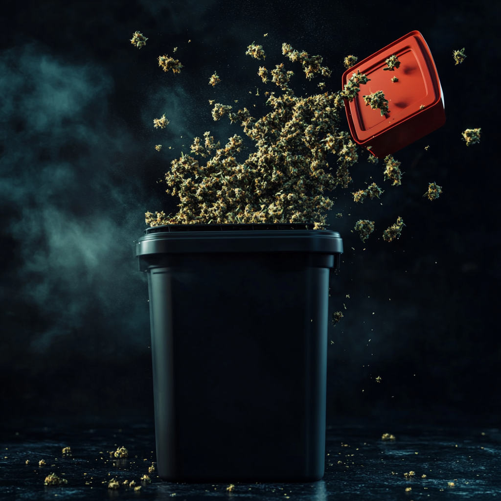 Black storage tote with red lid, cannabis flower 