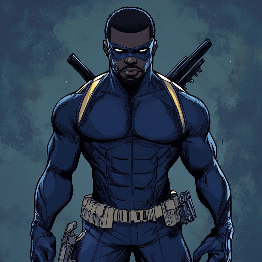 Black superhero in navy blue suit with weapons, comic style 