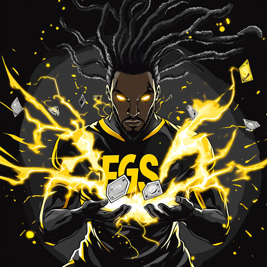 Black superhero with locs breaking sports trading cards power up.