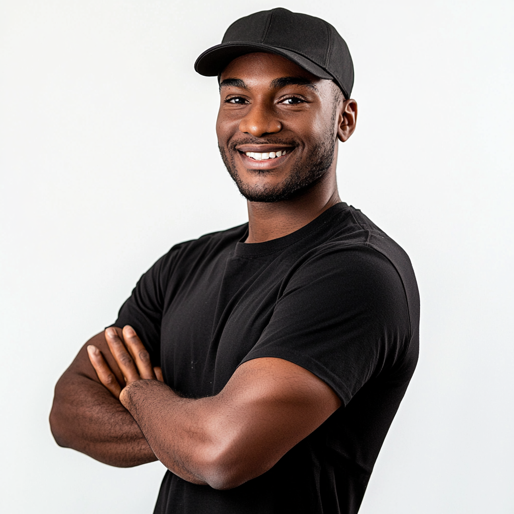 Black technician, 30, smiling, arms crossed, on white background.