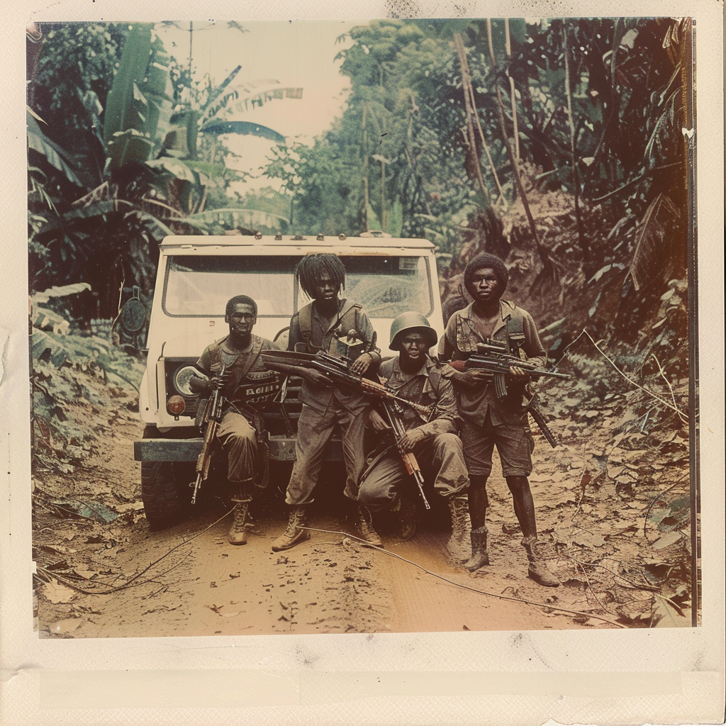 Black teens posing with rifles in jungle during war.