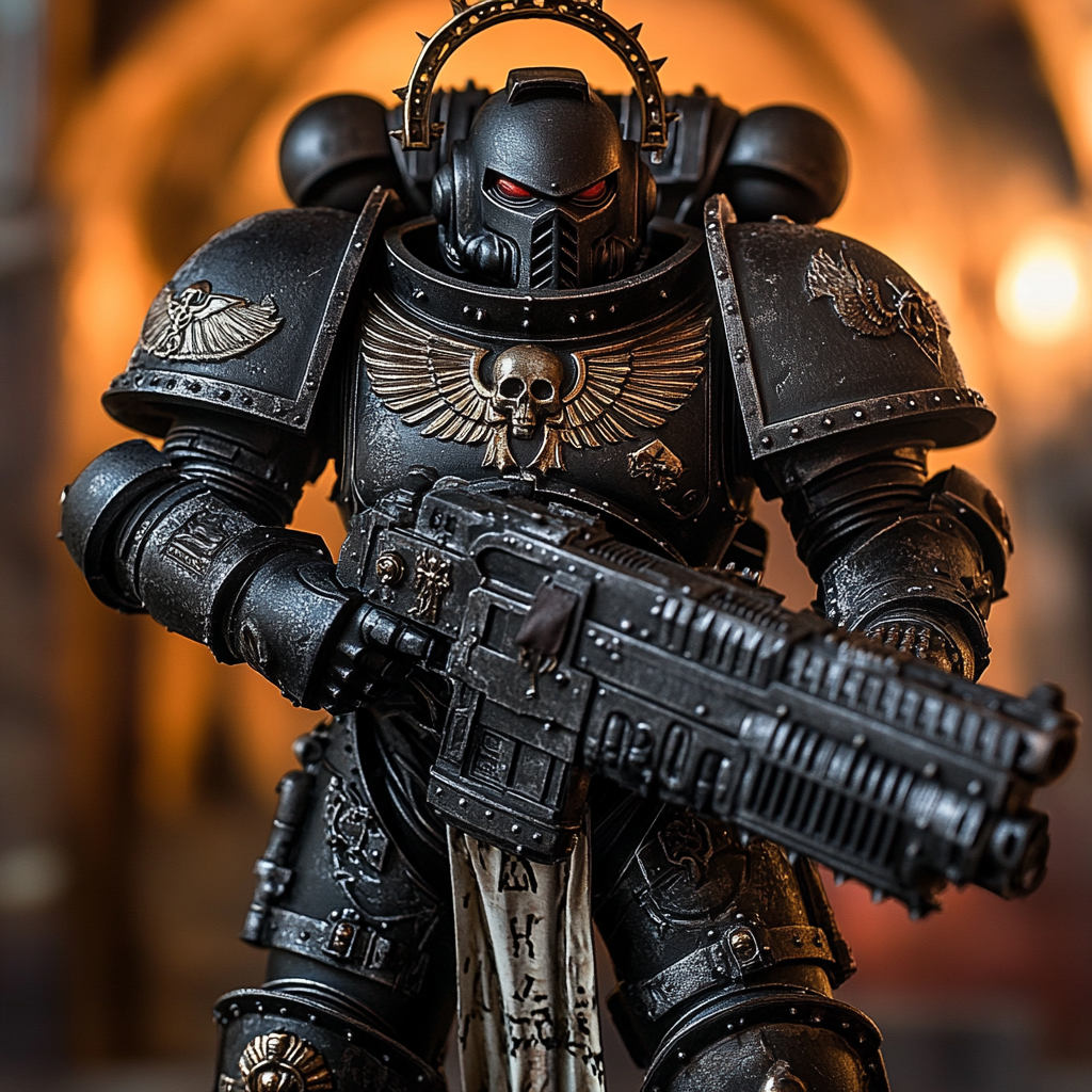 Black templars space marine in gravis armor wielding bolter.