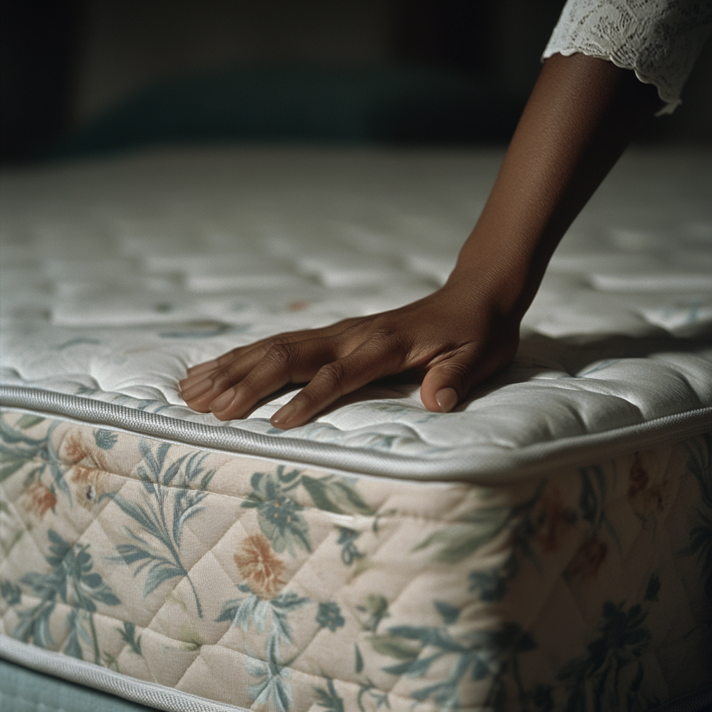 Black woman, housewife, flipping mattress, hands, bedroom background.