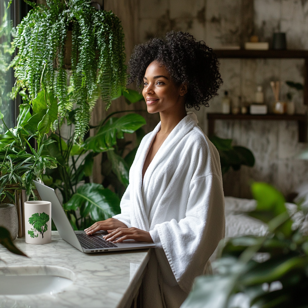 Black woman, white robe, green bathroom, laptop, coffee mug.