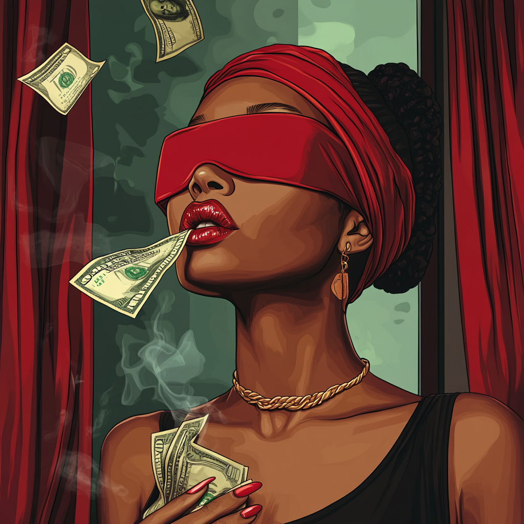 Black woman blindfolded smoking cannabis with money flying