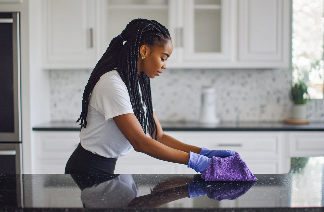 Black woman cleaning granite countertop in modern kitchen scene.